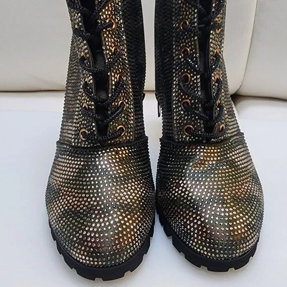GLAM CAMO Crystal Studded Lug Sole Combat Stiletto Heel Boots - Size 10 LIKE NEW - Picture 7 of 10